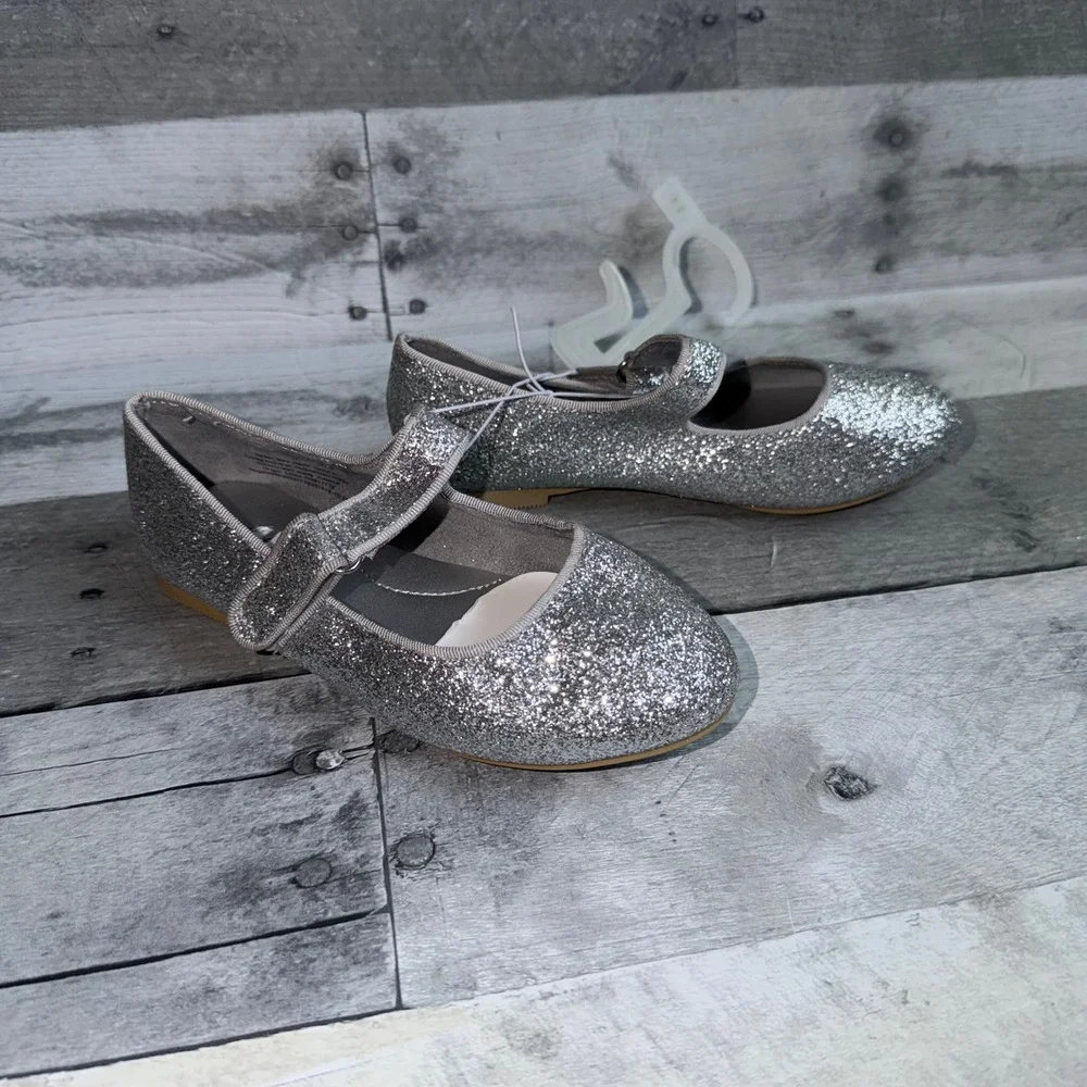 Cat & Jack Girls Silver Glitter Mary Jane Flats Dress Shoes Size 11 Sparkle
